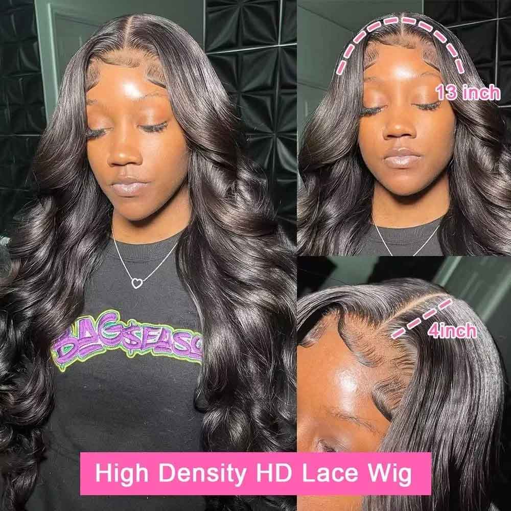 Human Hair Body Wave Wig - 180 Density, Pre-Plucked, 13x4 HD Transparent Lace Frontal